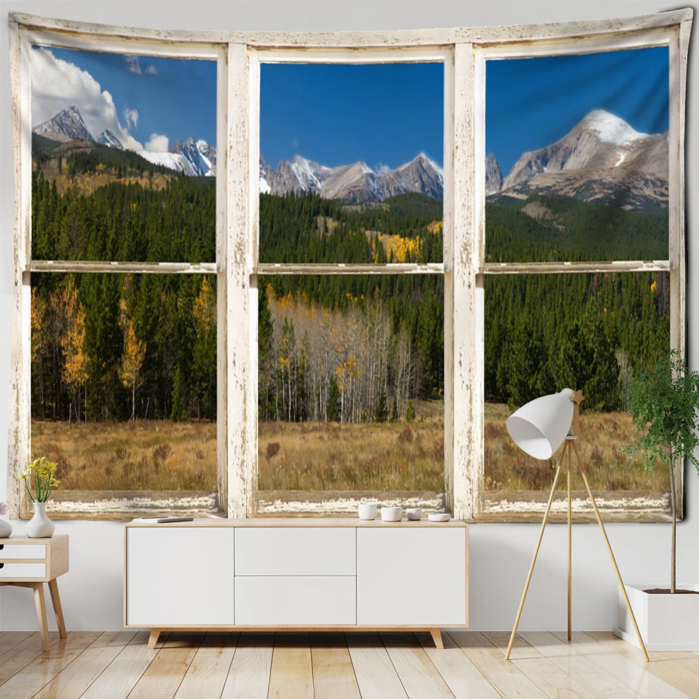 3D Window Scenery Tapestry Wall Hanging Hippie Tapiz Art Boho Natural Simple Bedroom Dorm Home Decor