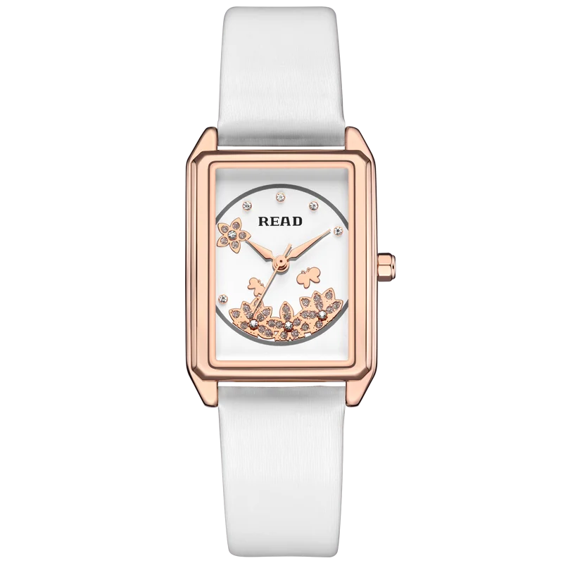 Ladies Rectangular Analog Watch | Flower Inlaid Dial | White Textured Band | Daily Water Resistant Rose‑Tone Fashion Dress Watch