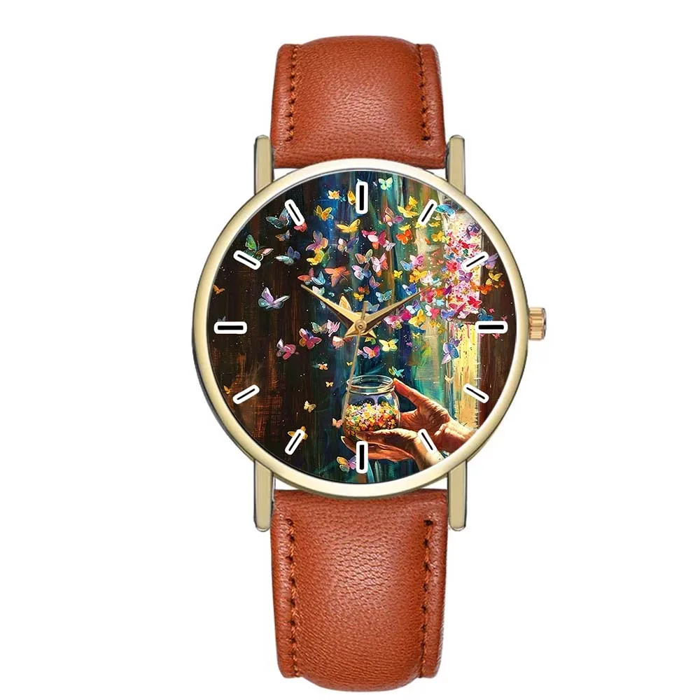 B-9412 B-9412 Artistic Butterfly Oil Painting Dial Quartz Watch Leather Strap Golden Bezel Fashion Wristwatch Art Gift for Women