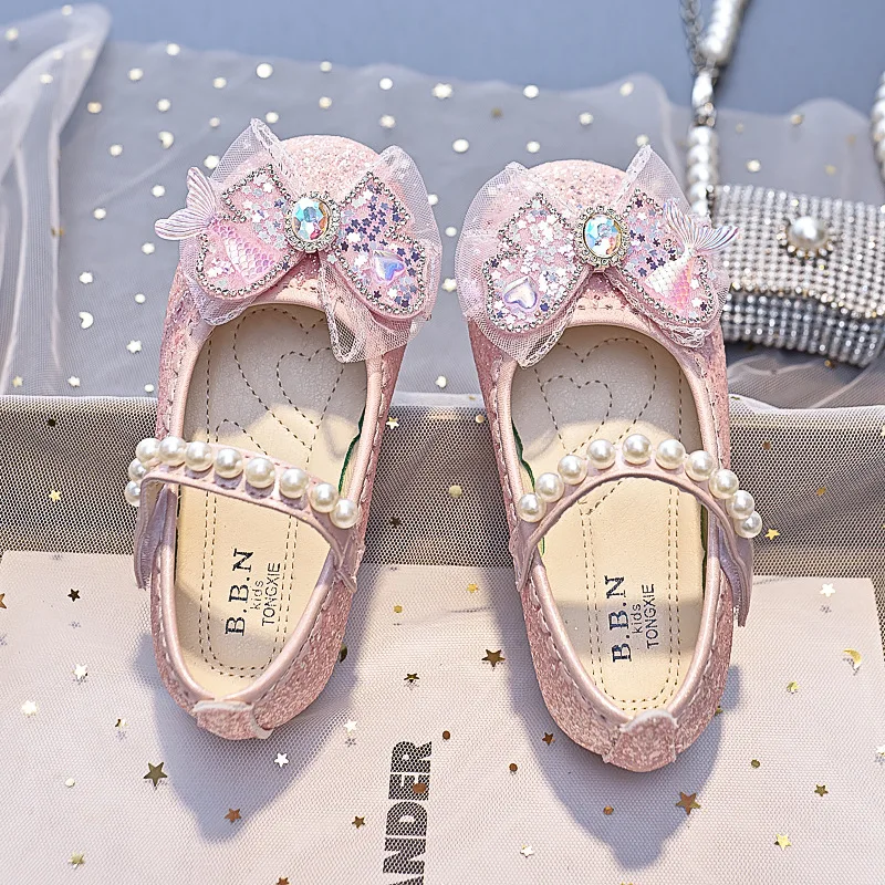 2024 Girls Princess Leather Shoes Elegant Luxury Children\'s Flats Fashion Rhinestone Pearl Kids Ballet Wedding Mary Jane Shoes