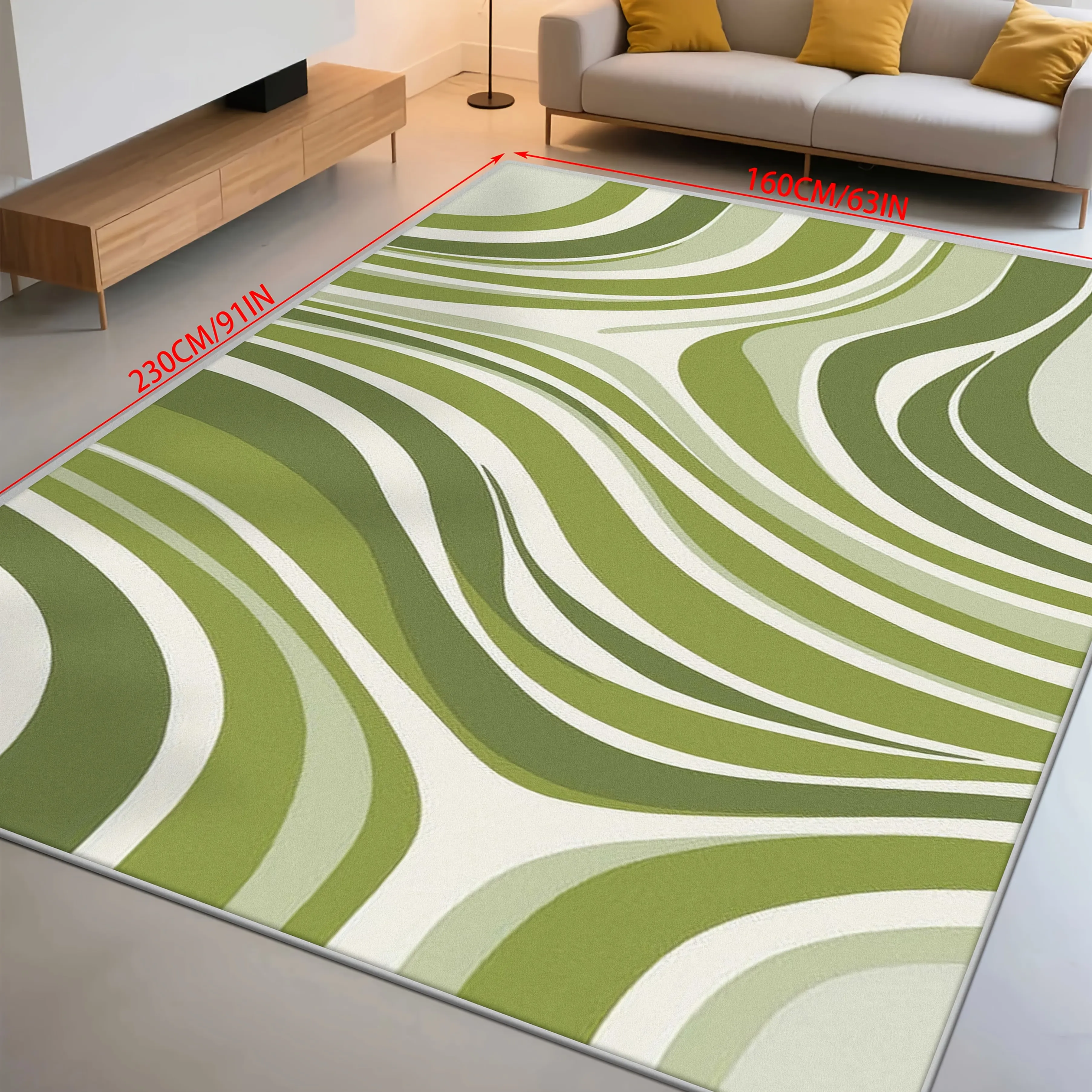 Modern Abstract Green White Wavy Area Rug Large Fluid Wave Pattern Living Room Bedroom Washable Carpet