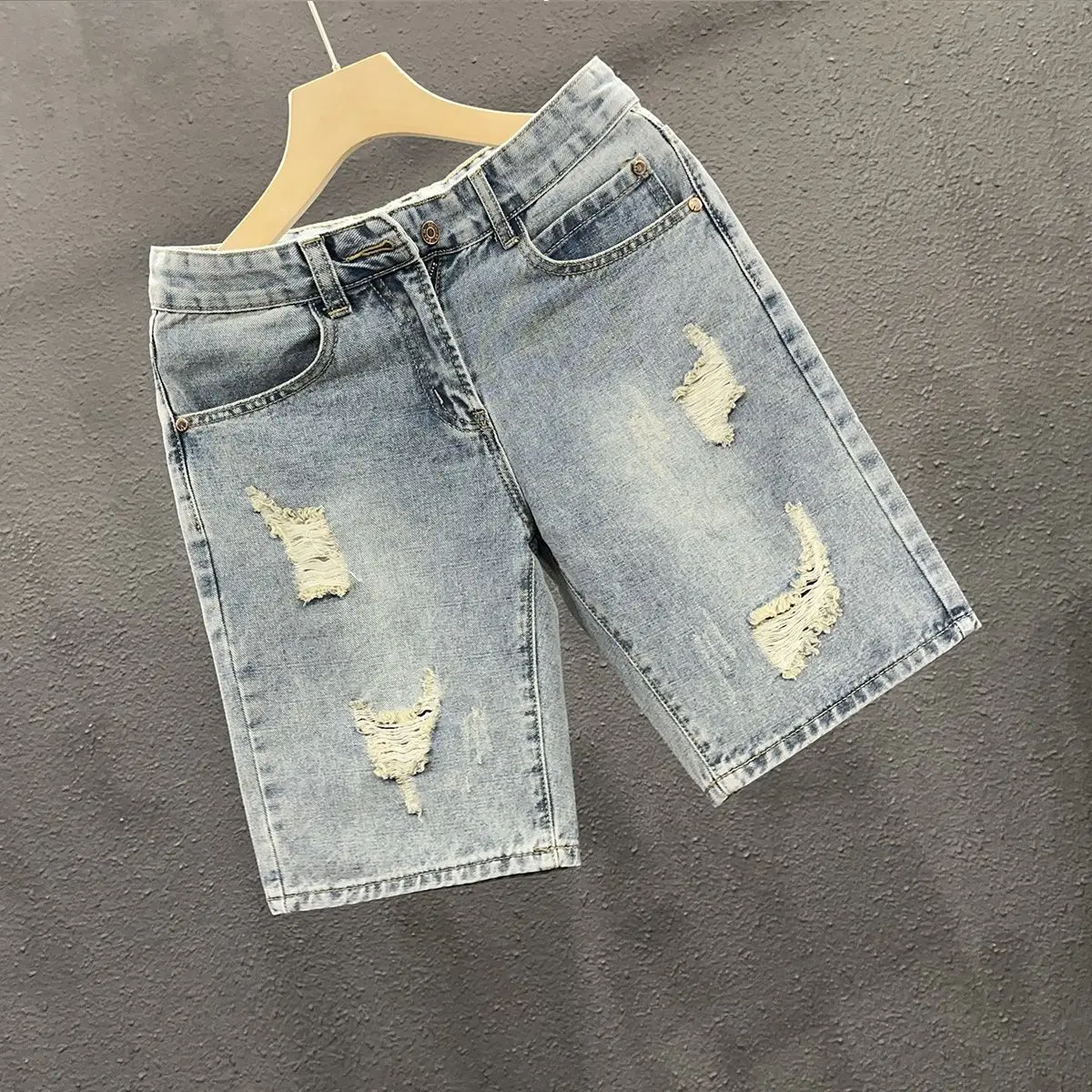 Summer 2025 Straight Ripped Denim Shorts Men's Trendy Brand Simple Man Clothes Short Jeans Trendy Casual Thin Medium Pants Men