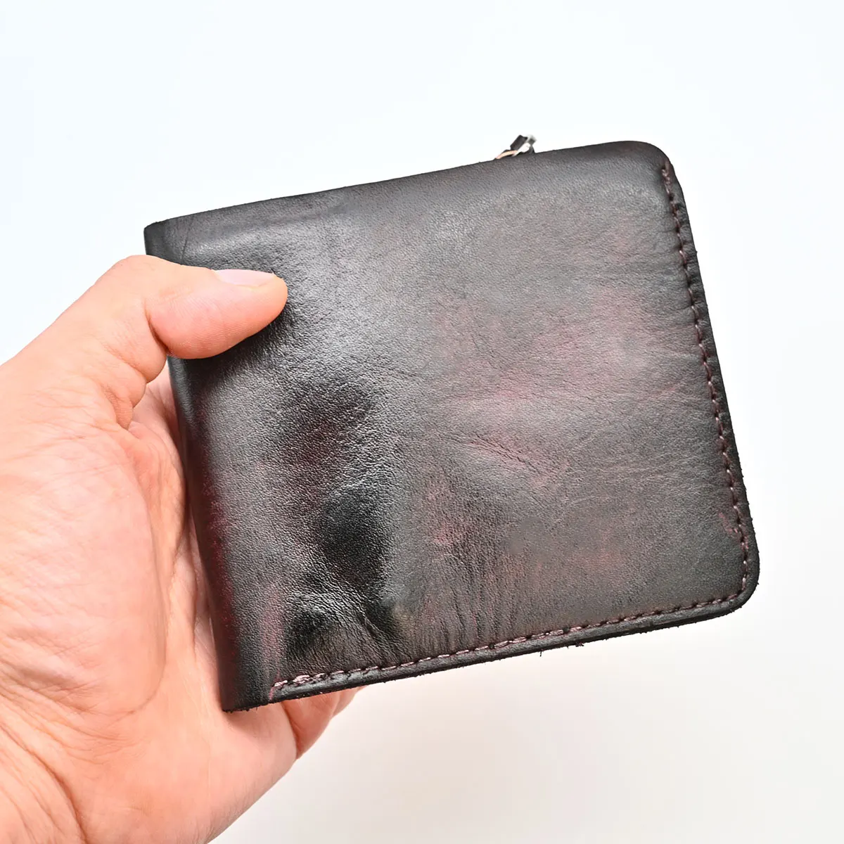 남성용 핸드메이드 황갈색 가죽 지갑, 동전 주머니, 지퍼 지갑, 순수 가죽
