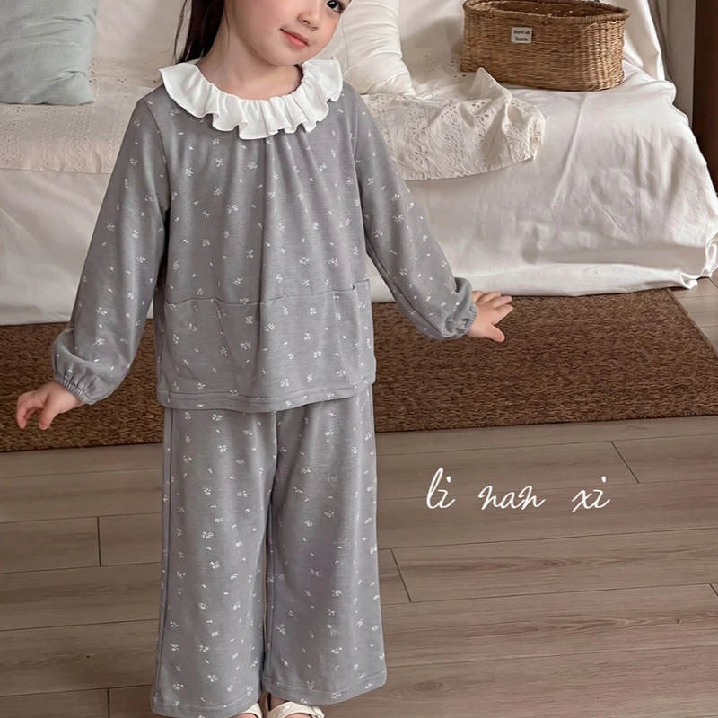 Girls' Home Clothes 2026 Spring and Autumn Winter New Sweet Floral Lotus Leaf Collar Long Sleeve Long Pants Two Piece Set
