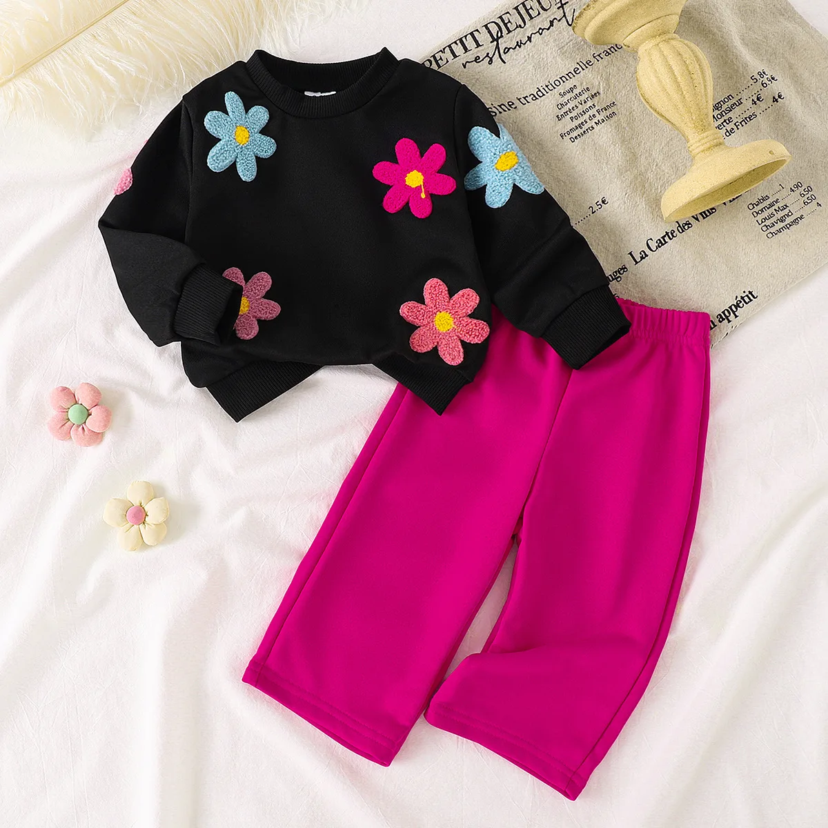

Infant Baby Girls Stylish Tracksuit Korean Style Floral Hoodie & Rose Red Pants Toddler 2-Piece Casual Set