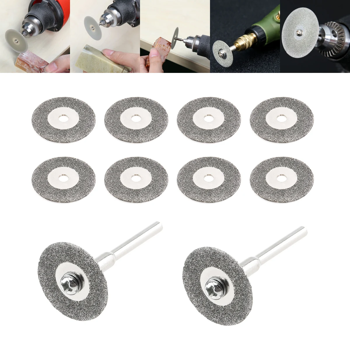 

10pcs Diamond Cutting Discs 20mm/22mm/25mm/30mm/35mm/40mm/50mm Saw Blades Set with 2pcs Fixed Rod for Cutting Glass Metal