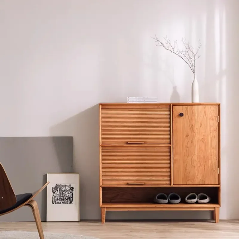 Nordic Solid Wood Shoe Cabinet with Rolling Shutter Door Modern Entryway Storage Locker for Foyer Hallway Black Walnut Cherry