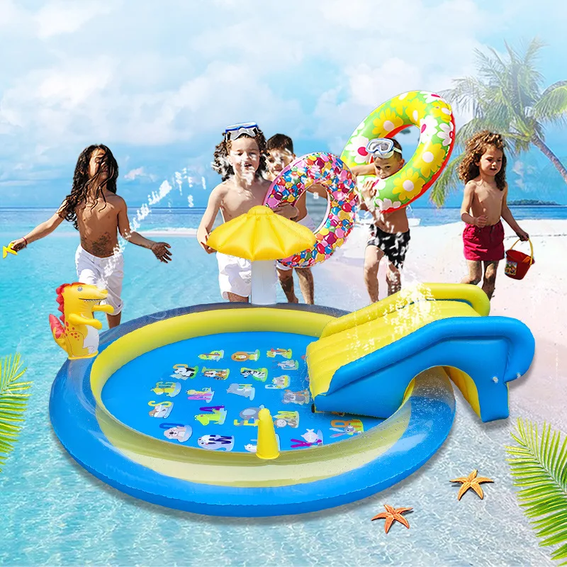 Inflatable Swimming Pool for Kids Outdoor Lawn Water Spraying Game Mat Dinosaur Slide Pool Children's Toy Water Fun Area