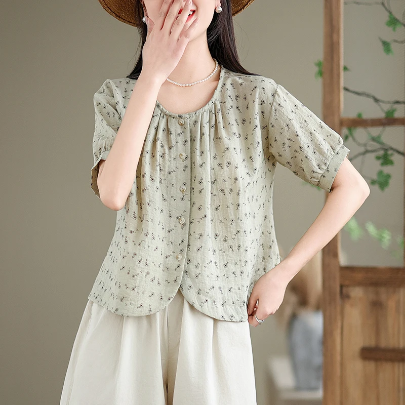 

Sweet Floral Bubble Sleeve Shirt Women's Top New 2026 Summer Anti-Aging High-End Single Button Short Sleeve round Neck Loose Fit