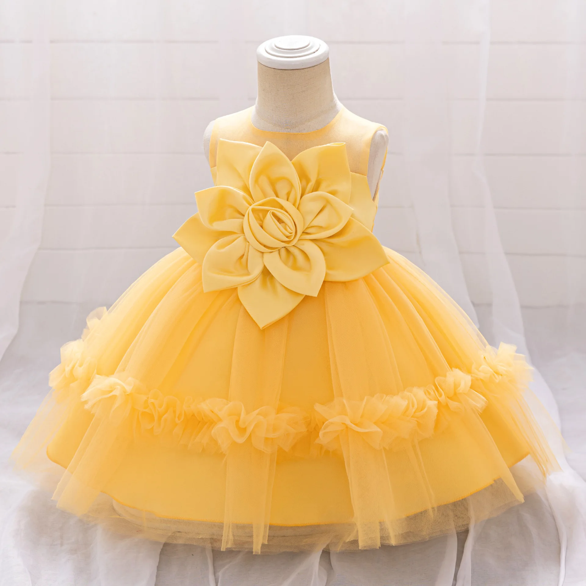 ชุดเดรสสําหรับเด็กทารกดอกไม้สีชมพู Tutu Princes ชุดเด็กดอกไม้งานแต่งงานชุดเด็กวัยหัดเดินวันเกิด Baptism ชุดราตรี