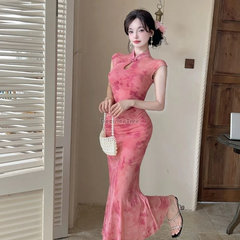 

Новинка 2025, улучшенное платье Cheongsam в китайском стиле, утягивающее платье без рукавов с воротником-стойкой, женское модное элегантное повседневное длинное платье Ципао