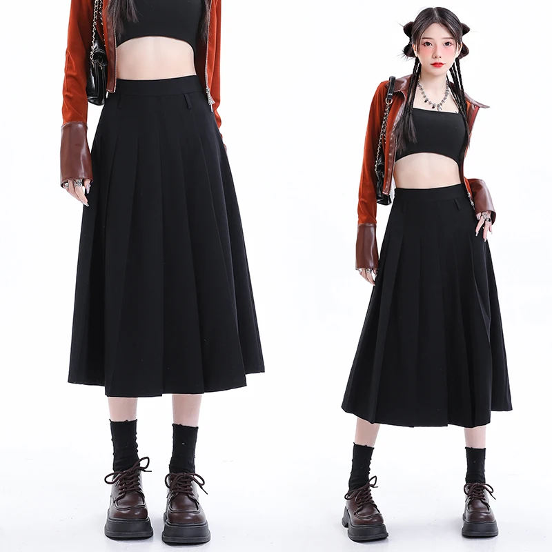 

Vintage High Waist Pleated Skirt Women Korean Fashion Midi Skirt Ladies Autumn Casual A line Skirts