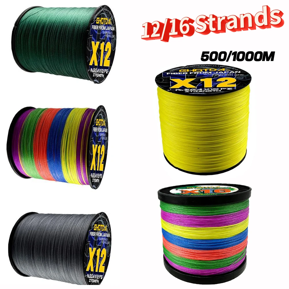 GHOTDA 12/16 Strands Super Strong Braided Multifilament Fishing Line 25- 200LB Anti-Bite Fish Line 500/1000M Carp Fishing