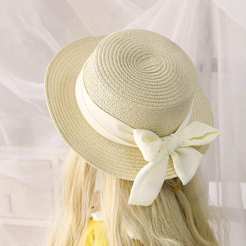 Fashion Bow Kids Straw Sun Hats Kids Girls Summer Beach Hats 50-52-54cm Children Flat Visor Caps Sun Protection