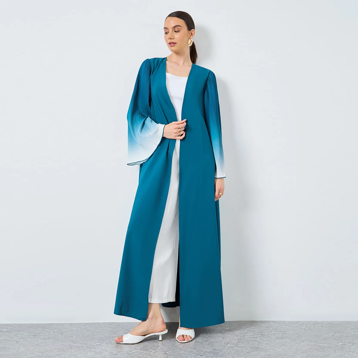 

Ближневосточная Абая Мусульманские женщины с расклешенными рукавами Повседневные плиссированные Абая с открытой передней частью Кафтаны Арабские джилбабские исламские платья макси