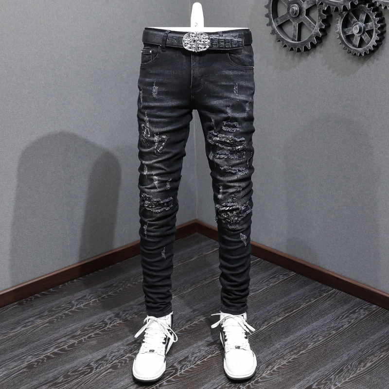 

Designer Street Fashion Boutique Men's Black Jeans Elastic Hole Tight Splicing Broken Hole Patch Jeans Men's Hip Hop Brand Retro