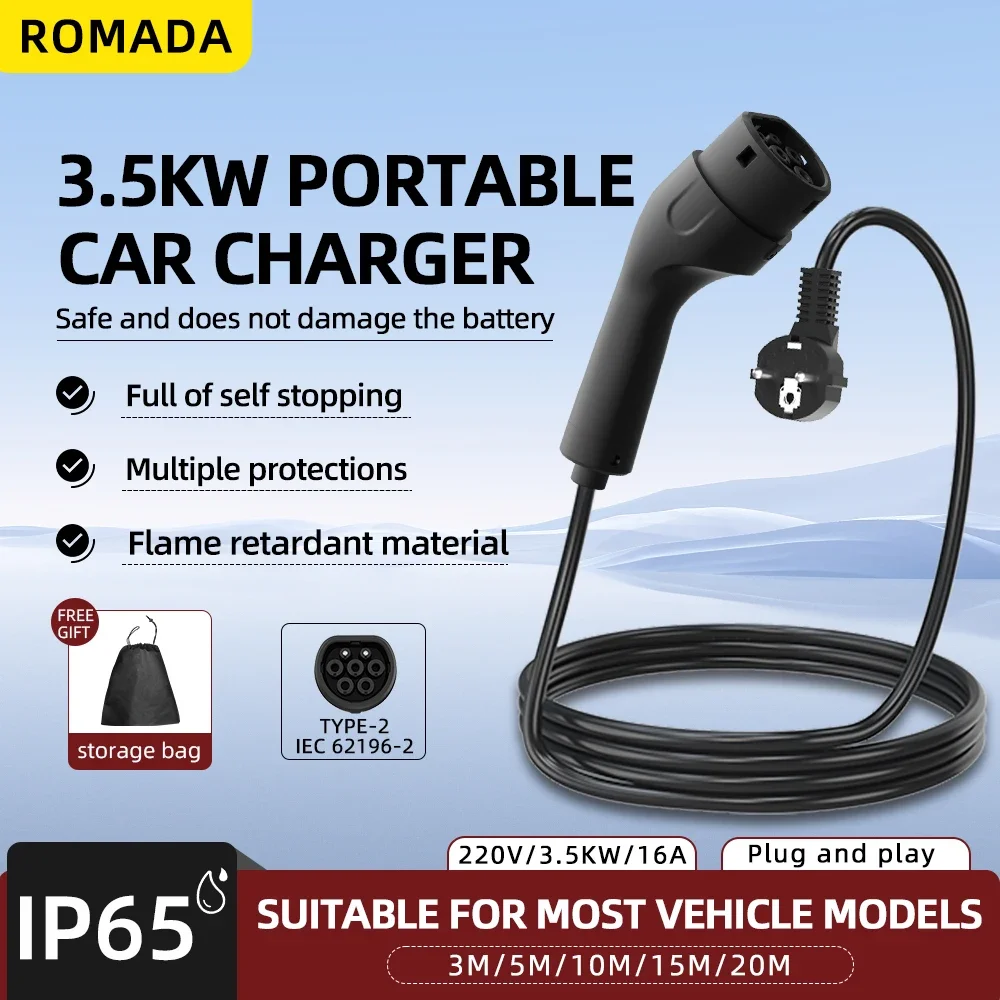 

Portable 3.5KW 16A Plug and Charge EV Charger with 3M-20M Cable Type2 IEC62196 EU Plug Wallbox Adapter For Electric Vehicle