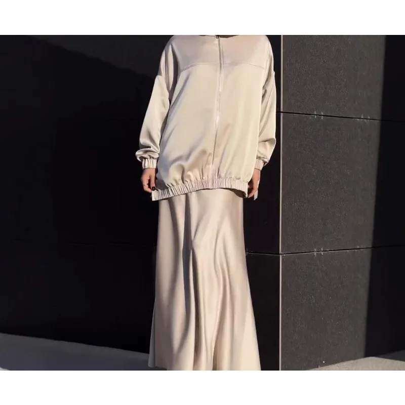 

2026 Spring/Summer Satin Long Sleeve Dress Fashion Waist Women's Long Dress Set