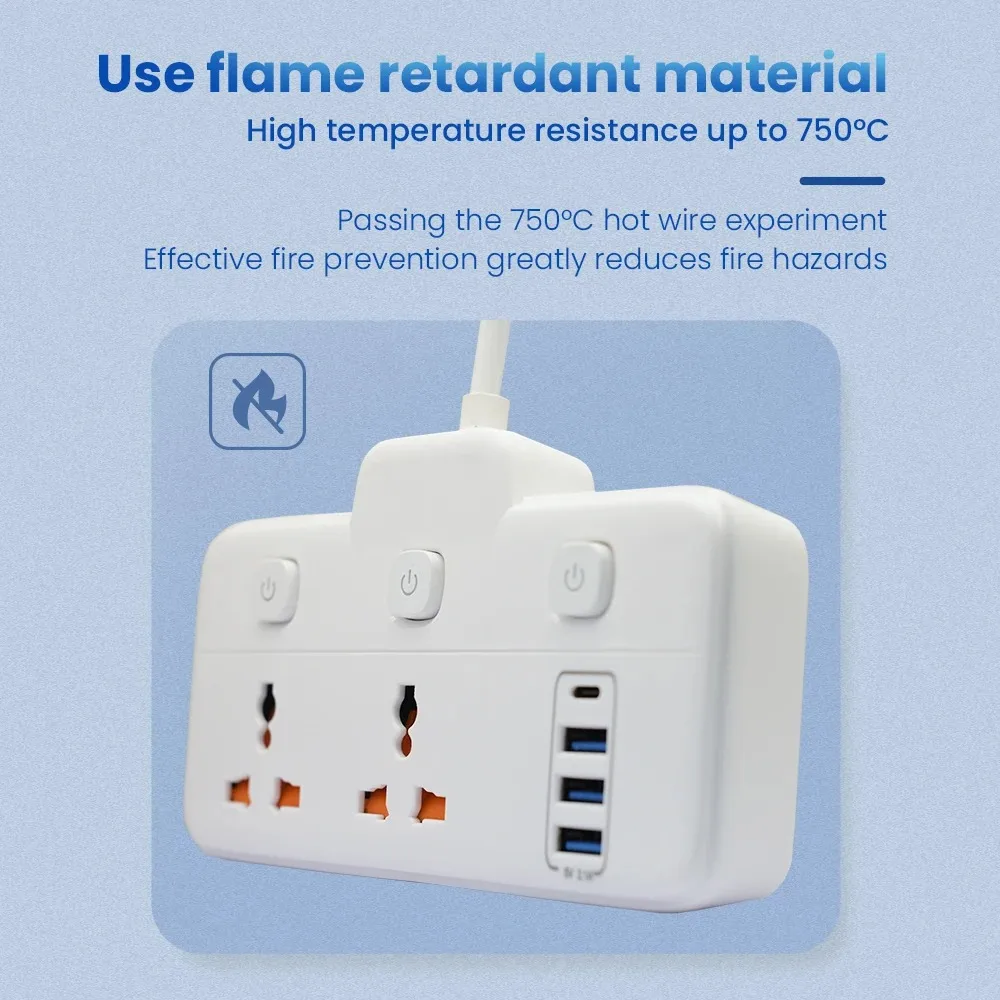 

Универсальный удлинитель для британского конвертера с 2 розетками и шнуром USB Type-C, 15 см, защищенный от протечек портов