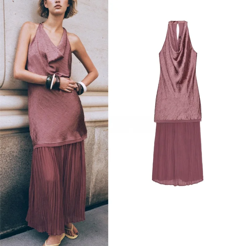 ชุดเดรสยาวปานกลางสำหรับผู้หญิง คอลเลคชั่นฤดูร้อนใหม่ล่าสุด ดีไซน์เก๋ คอปก แต่งผ้าต่อกัน ทรงวี เอวเข้ารูป ผลิตจากเส้นใยโพลีเอสเตอร์