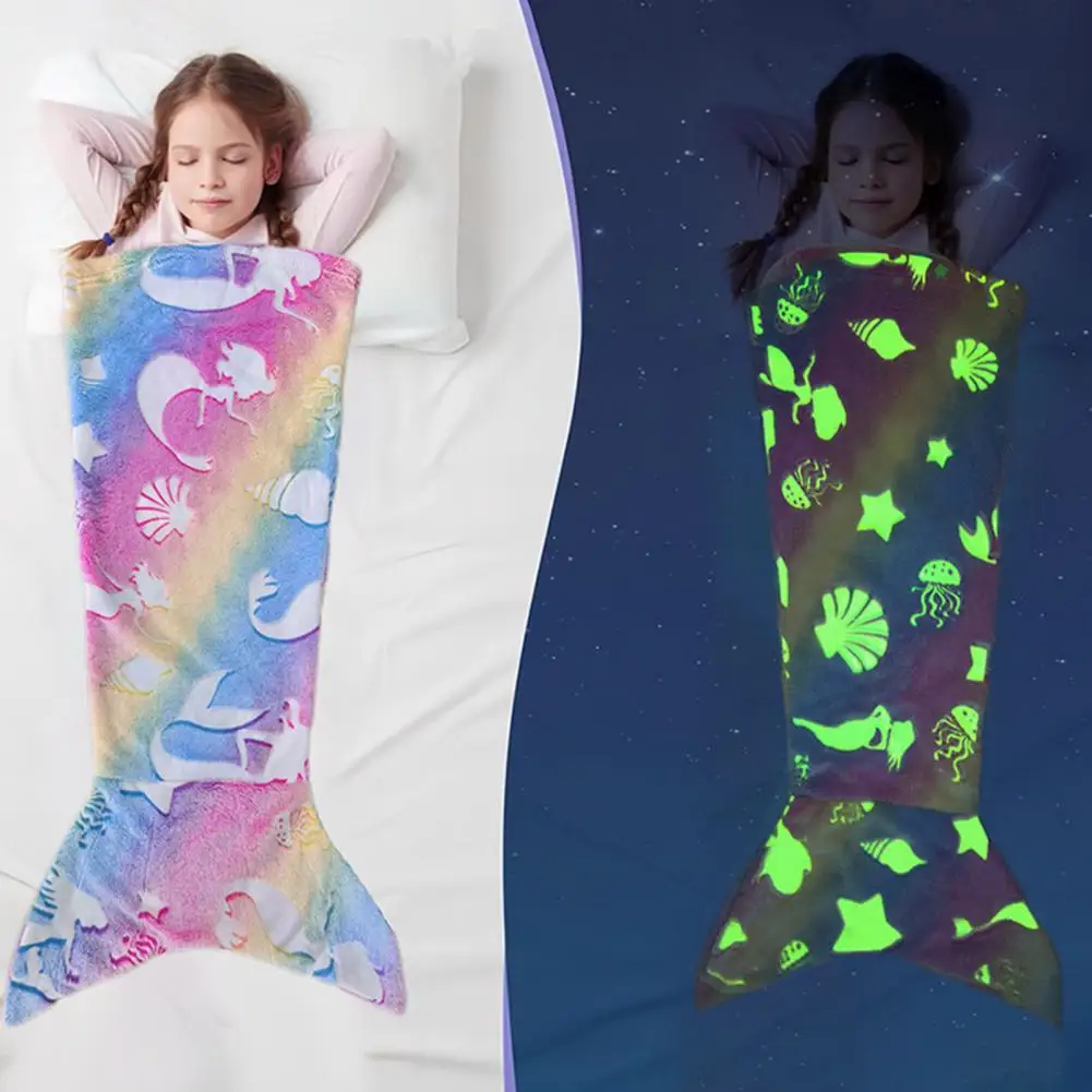 Kids Mermaid Tail Blanket Luminous Mermaid Tail Blanket for Toddlers Wear Resistant Plush Flannel Fleece Toddler Mermaid Toy