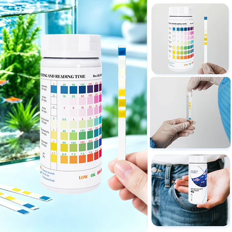 50 Stück/Box Aquarium-Teststreifen Wasserqualitätsteststreifen 7-in-1 Aquarium-Testkit für Süßwasser- und Salzwasser-Aquarien PH-Teststreifen – Detail 4