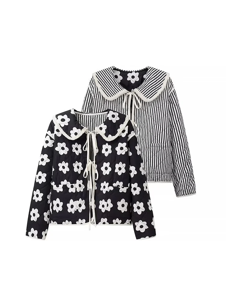 2024 European and American style new fashion retro black and white flower doll collar striped double-sided lace-up cotton jacket