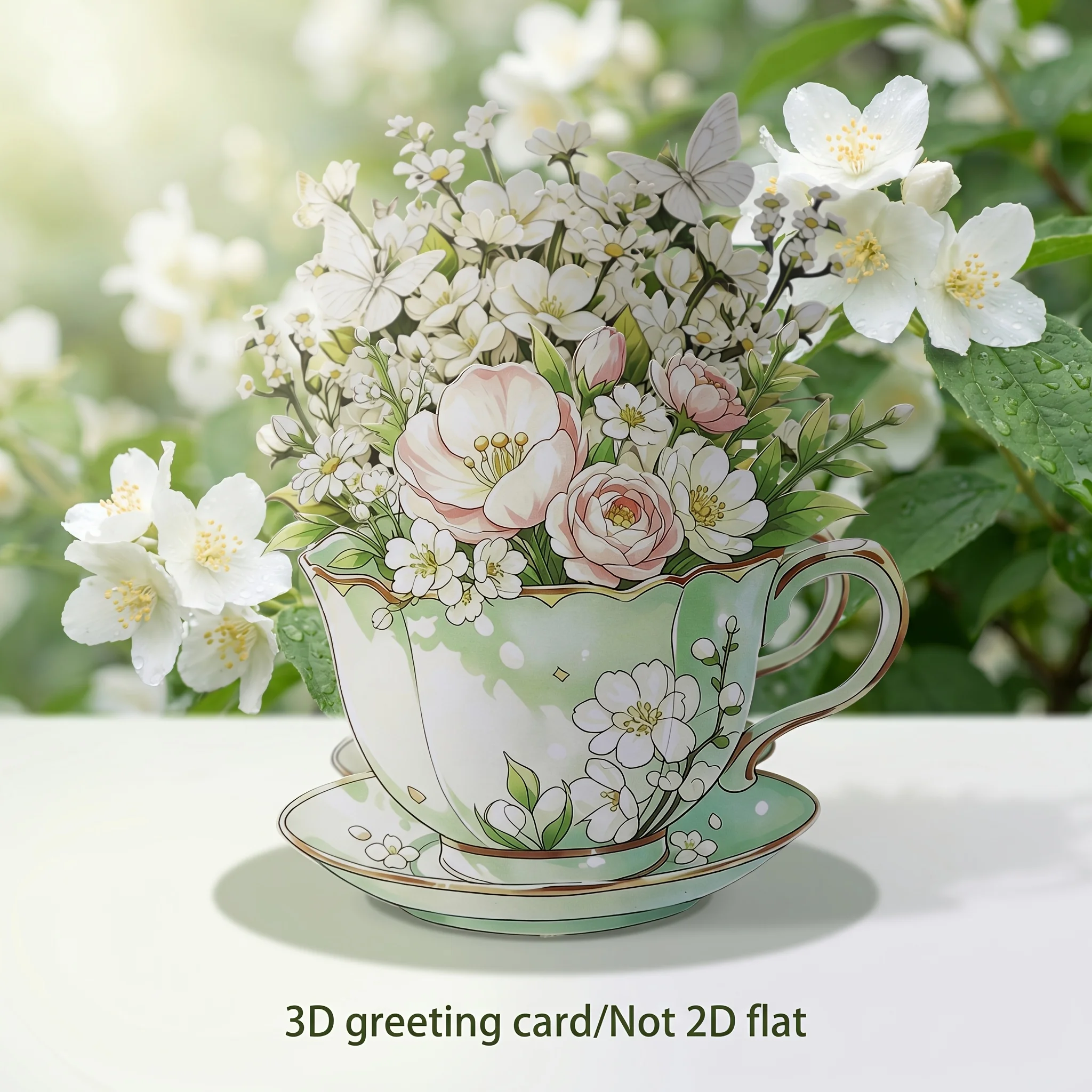 1Pc 3D Pop Up Tea Cup Flower Greeting Card,Handmade Laser Cut Paper Art for Birthday Mother's Day Thank You Wedding