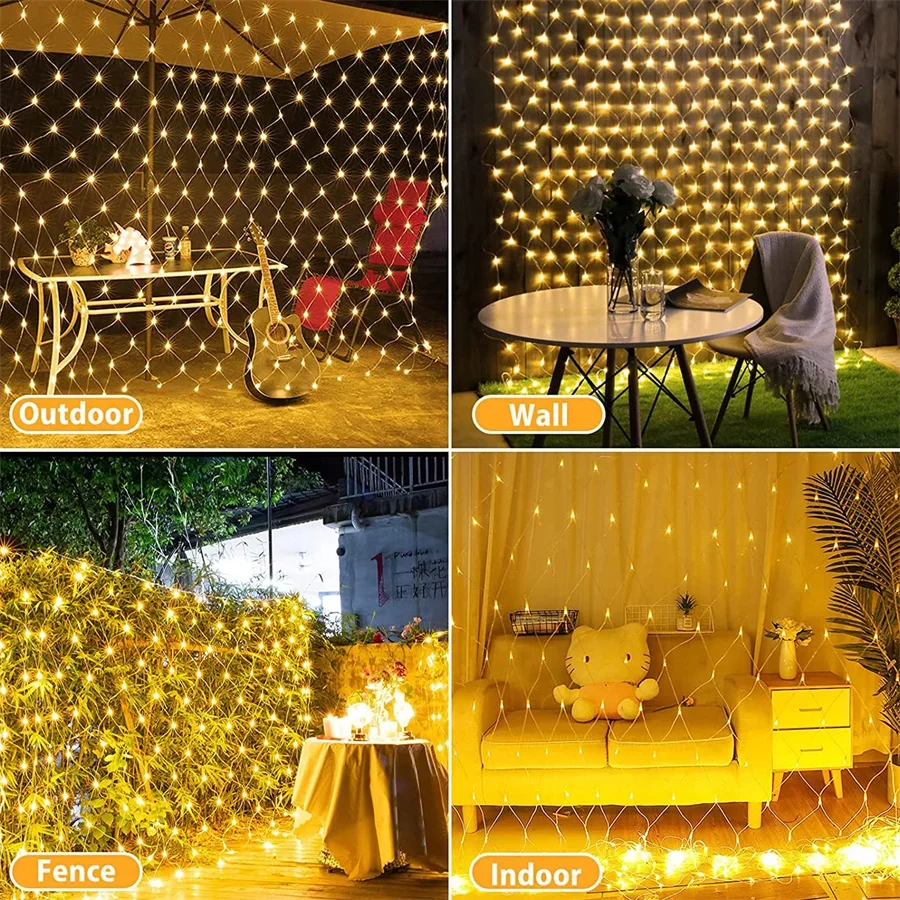 Solar or EU Plug Net Light Mesh Fairy Lights Waterproof Garland With 8 Modes Timer Christmas Decorations For Home 3M*2M Holiday