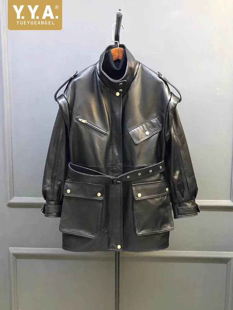 Women Retro Mid Long Luxury Genuine Leather Jacket Stand Collar Fashion Workwear Outerwear Pocket Belt Zip Real Sheepskin Coats