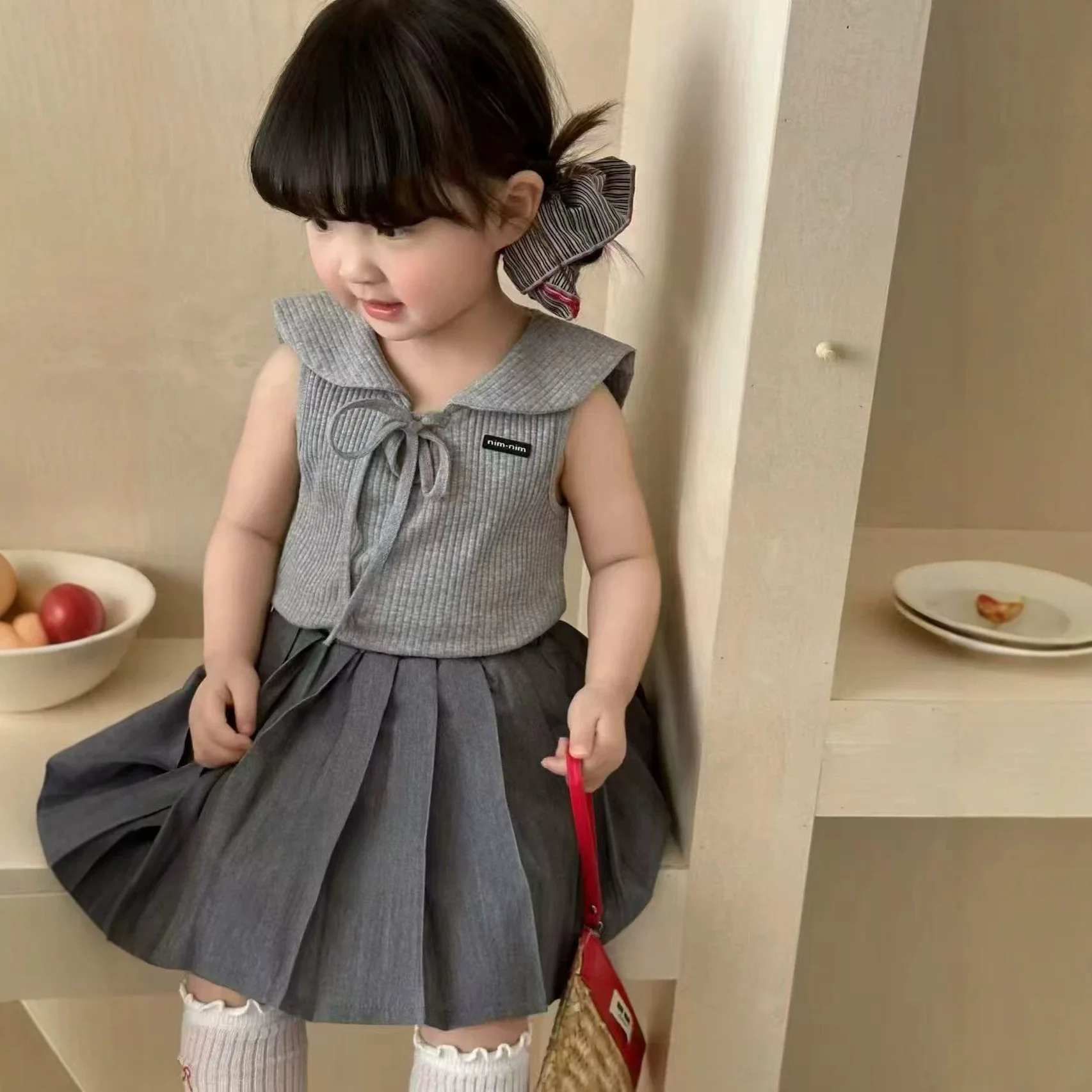 2026 Summer New Style Girls' Clothing Sets Navy Collar Lace Up Top Vest+ Pleated Half Skirt Children's Outfit Sets
