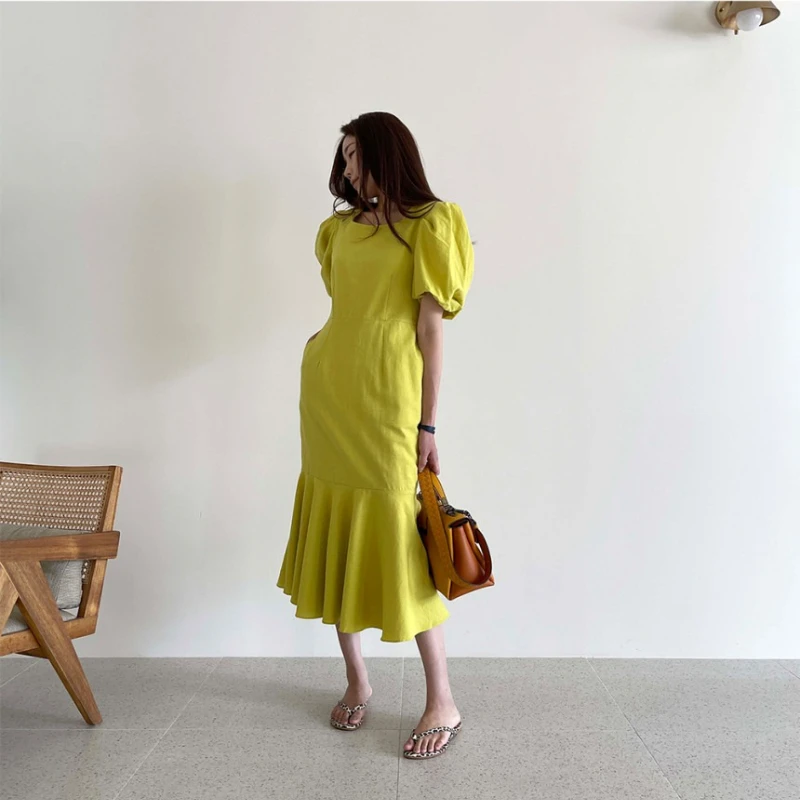 فستان كوري أنيق صيفي برقبة مربعة أنيق بتصميم ربط خلفي فستان حورية البحر للنساء لون نقي فستان ميدي عتيق