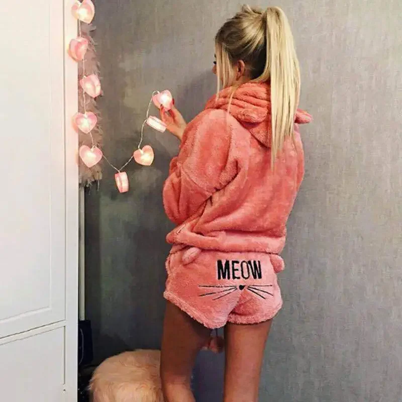 Autumn Winter Women Pajamas Suit Fur Long Sleeve Sleepwear Flannel Warm Velvet Cute Tops And Shorts Sleep Homewear