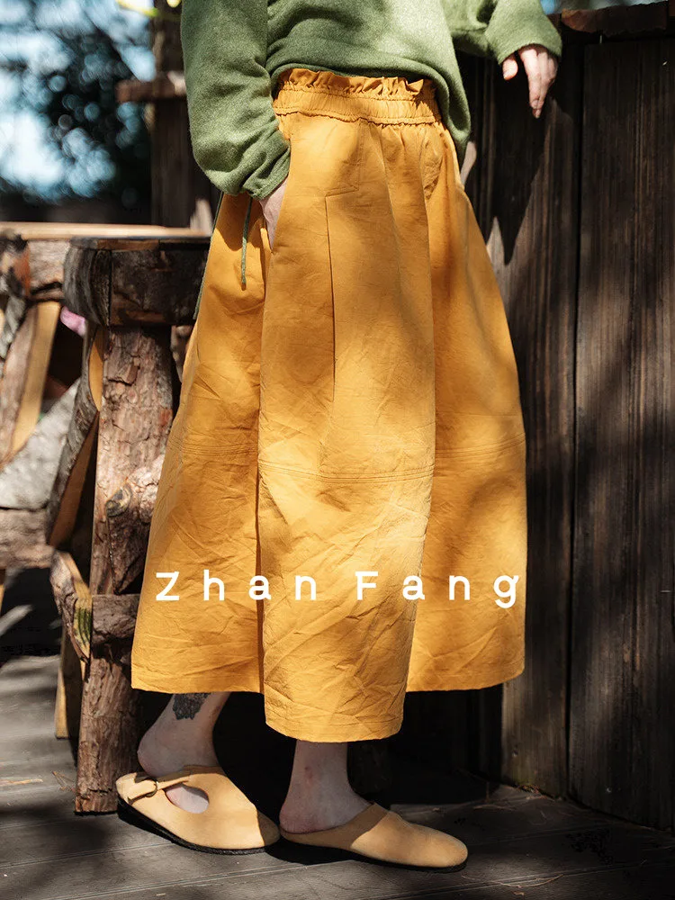 Standard Fit A-Line Midi Skirt Elastic Waist Slim Stripe Cotton Wild Balloon Skirt Half Length Mid-Calf Women's Dress