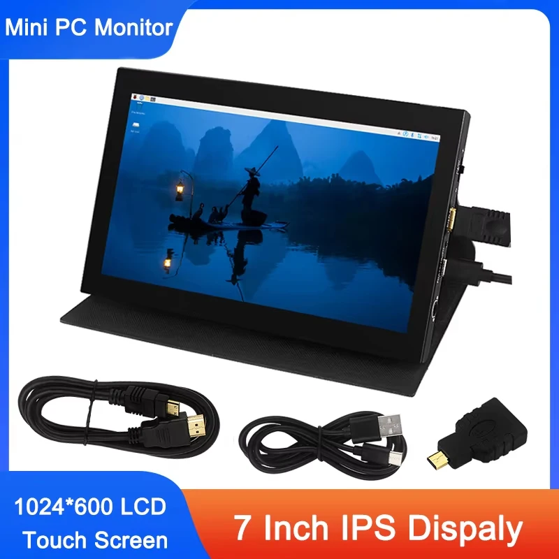 

7-дюймовый IPS ЖК-экран, HDMI-совместимый сенсорный экран 1024*600 IPS, мини-дисплей для ПК с кожаным кронштейном для Raspberry Pi
