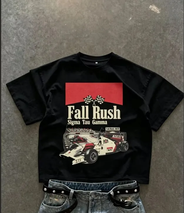2026 New Sigma Tau Gamma Oversized Unisex Streetwear T Shirt Family Matching Vintage Race Car Checkered Flag Print Short Tee