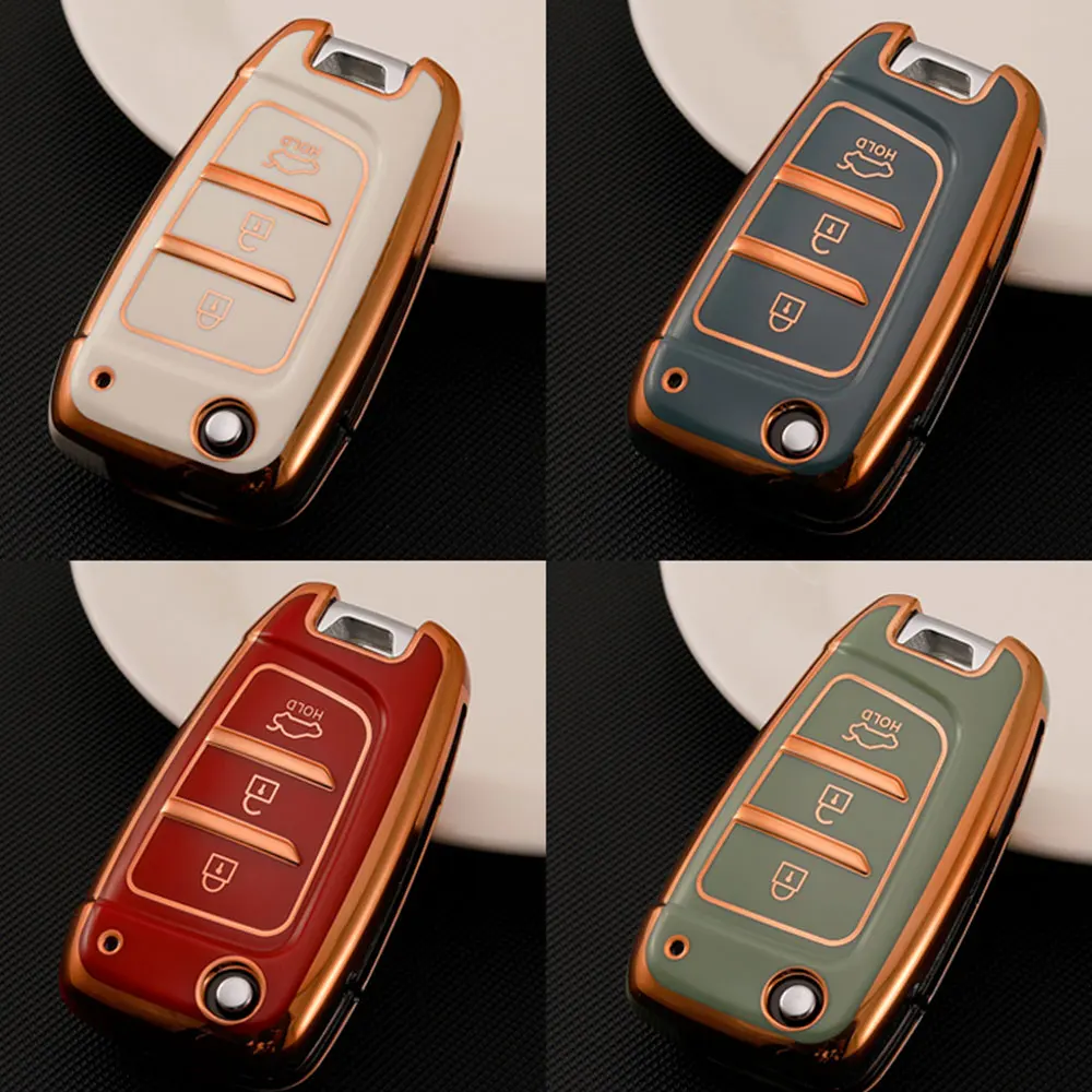 TPU Car Folding Key Case Cover Holder Shell Keychain for Hyundai Azera Elantra Solaris Tucson I30 I35 I40 KONA Genesis Santa Fe