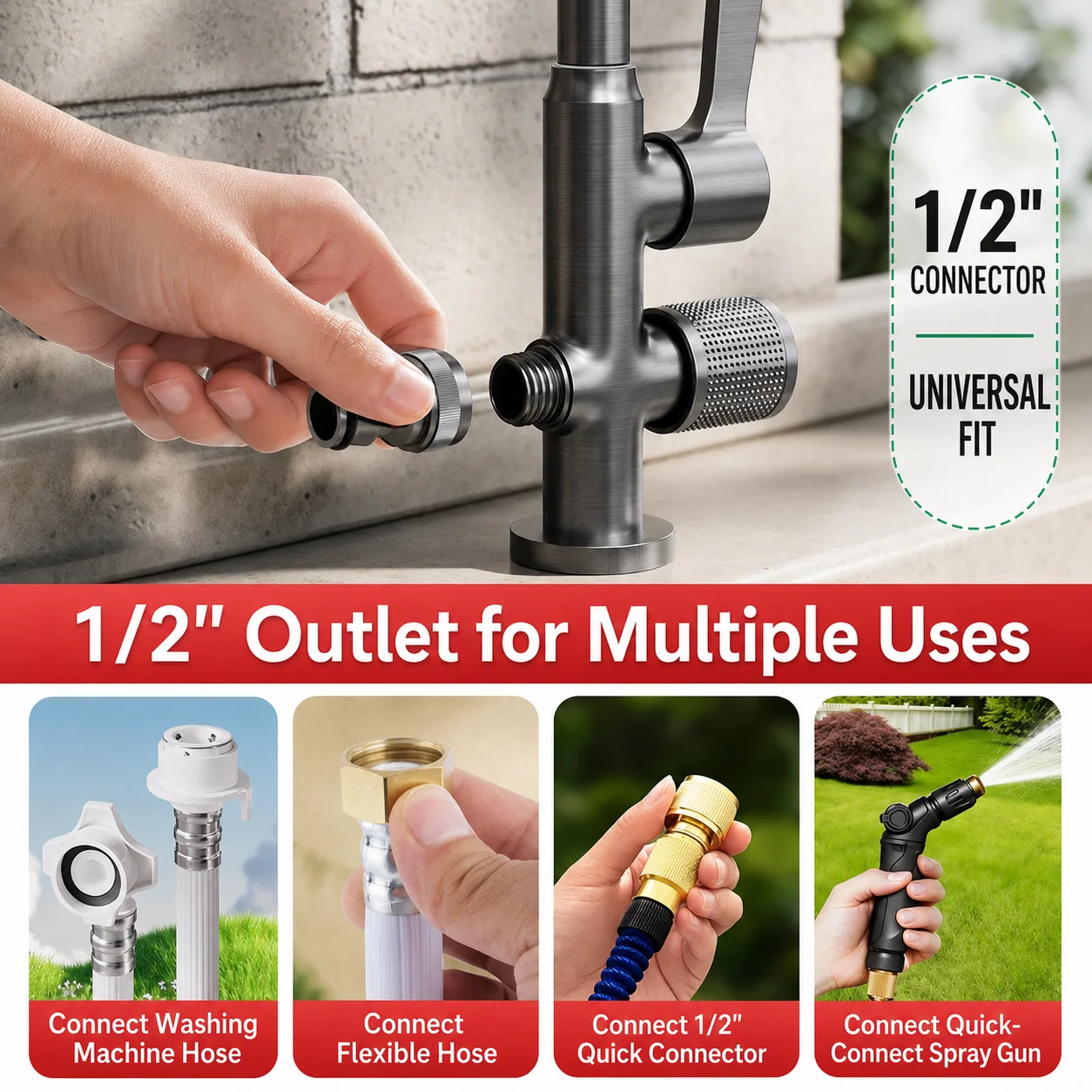 Brass Outdoor Faucet Dual Outlet 1 Inlet 2 Way Garden Wall Tap Anti Freeze Sun Resistant Courtyard Washing Machine Car Wash