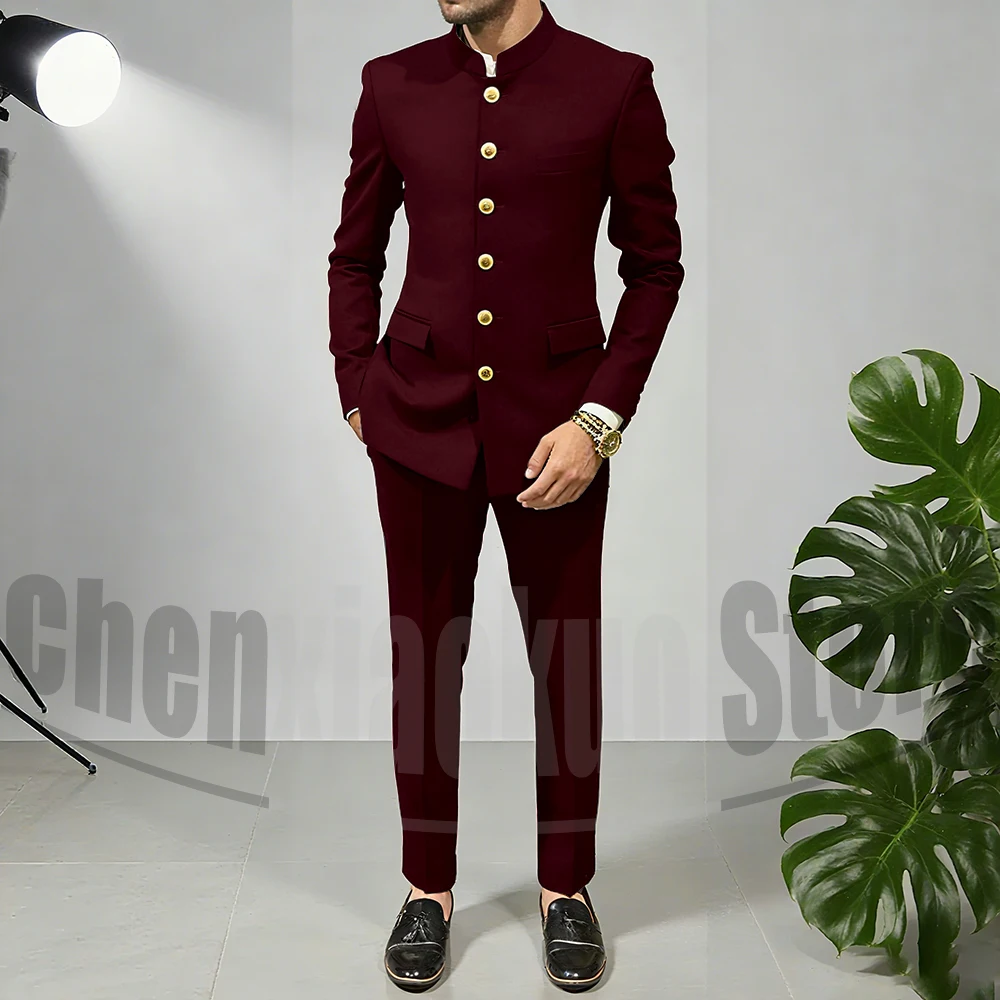 Chic Men Suits Fashion Mandarin Collar Single Breasted Blazer Sets 2 Piece Slim Business Casual Formal Wedding Party Suit - Image 4