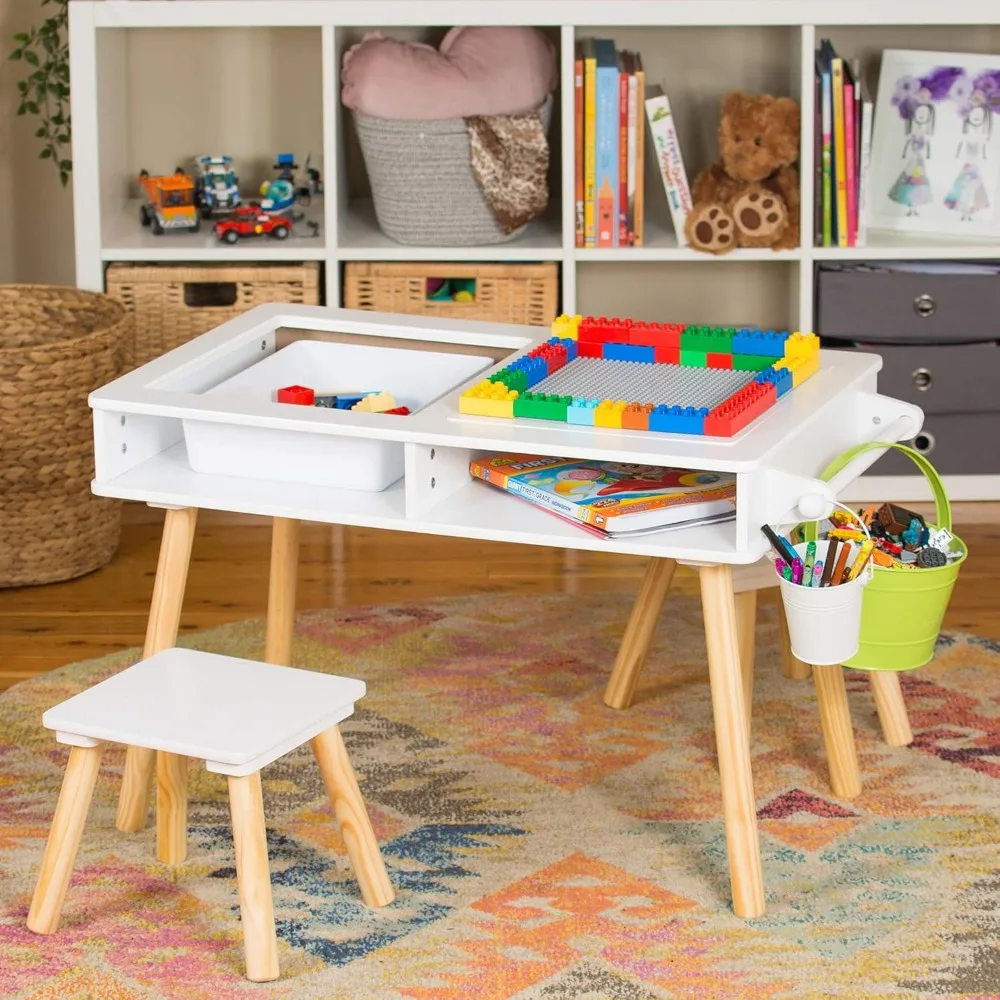 Mesa de actividades múltiples de alce y amigos para niños y niños pequeños, escritorio de bloques de construcción, mesa con almacenamiento, mesa de juego artesanal más rollo de papel