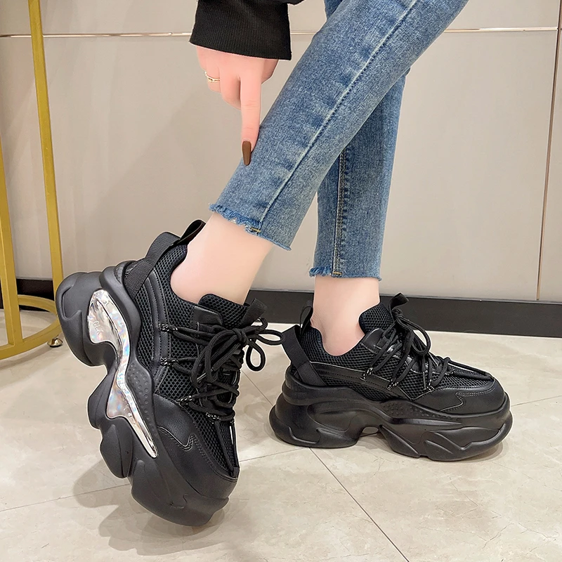 New Platform Mesh Sneakers 7.5CM Women Breathable Tennis Female Vulcanized Shoes Spring Chunky Sneakers Sports Dad Shoes Woman