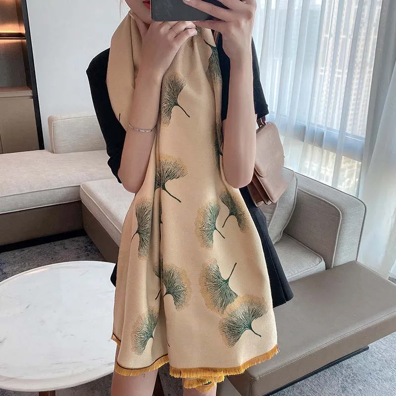 

Elegant Ginkgo Leaf Jacquard Acrylic Cashmere Scarf Soft Shawl Fashion Women Winter Neckerchief Summer Travel Cape Wraps