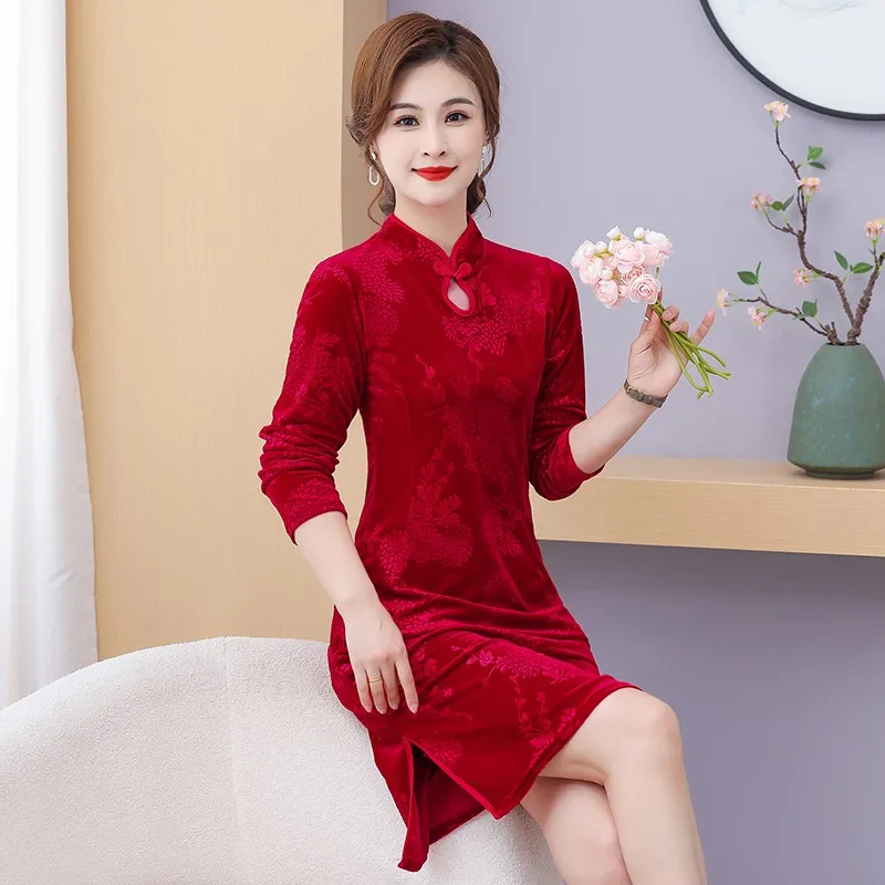 فستان شيونغسام مخملي ذهبي للنساء ، فستان أحمر نحيف ، ثوب قطيفة للأم ، حفلة مسائية ، الربيع والخريف #5