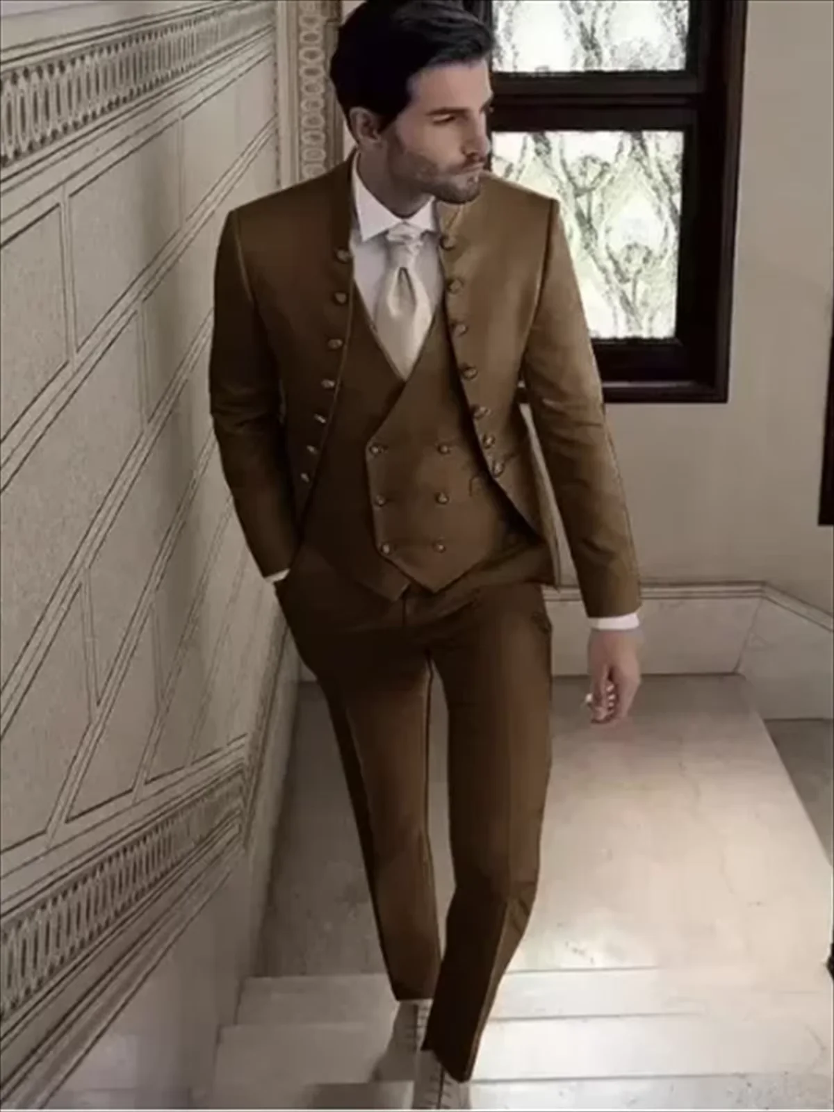 3 قطع بدلات رسمية للرجال مع ياقة الماندرين بدلة سهرة لحفلات الزفاف للرجال بقصة ضيقة (سترة + بنطلون + سترة) #3