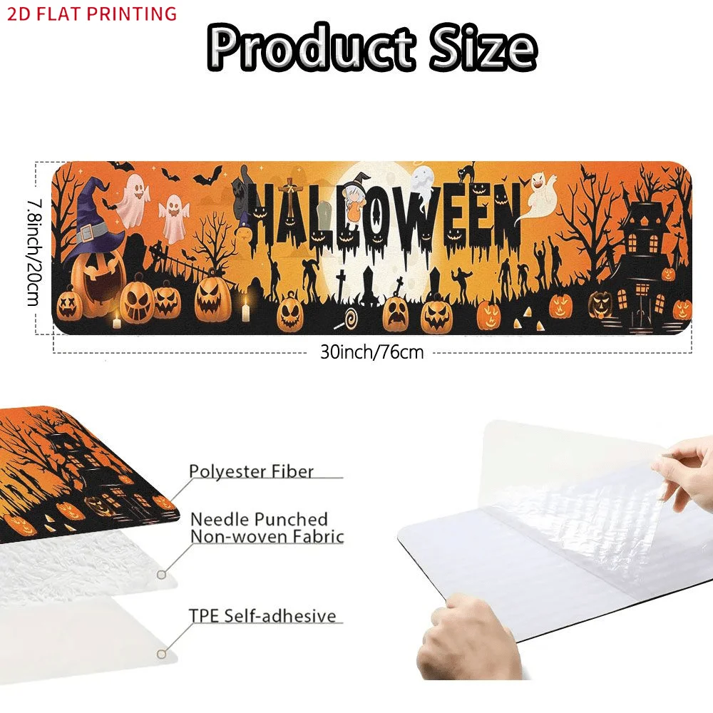 2D FLAT Printing Set of Stair Mats, Halloween Pumpkin Ghost Witch Haunted House Pattern, Easy to Clean Stair Tread Carpets