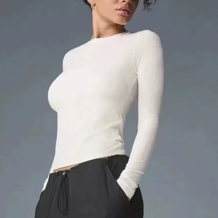 

LO Yoga Round Neck Long Sleeve T-Shirt Women's New Threaded Knitted High Elastic Bottom Slim Skinny Casual Sports Top