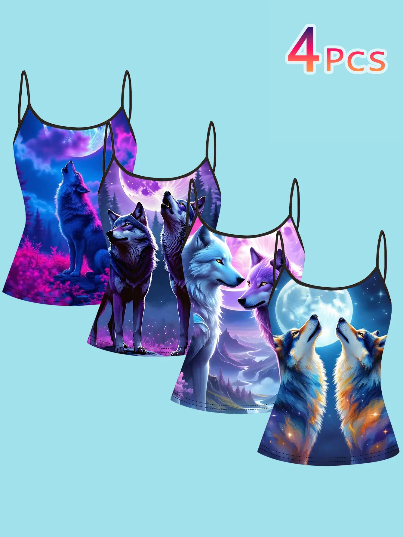 4-Piece Set of Women's Spaghetti Strap Camisoles with Purple and Blue Moonlight Forest Wolf Howling Full Moon Fantasy Art Print Slim Fit Sleeveless Tops