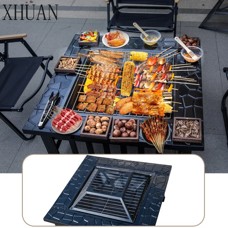 Square Outdoor Fire Pit Patio Garden Warmer Wood Burning Fire Pit Bowl With BBQ Grill