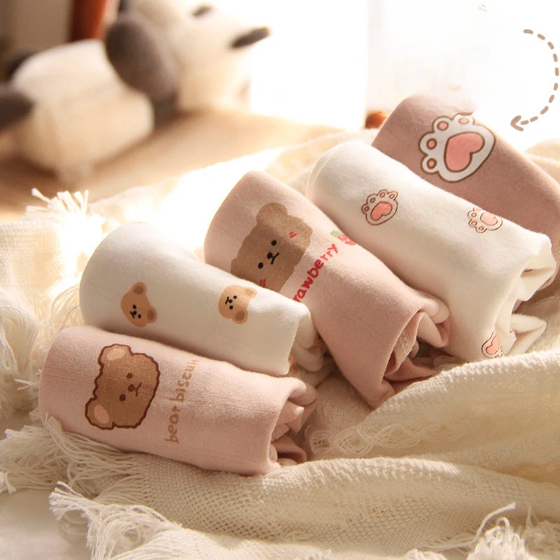NEW 1/5PCS Cartoon Bear Patterned Cute Women's Underwear Low Waist Student Breathable Cotton Panties Soft Kawaii Seamless Briefs