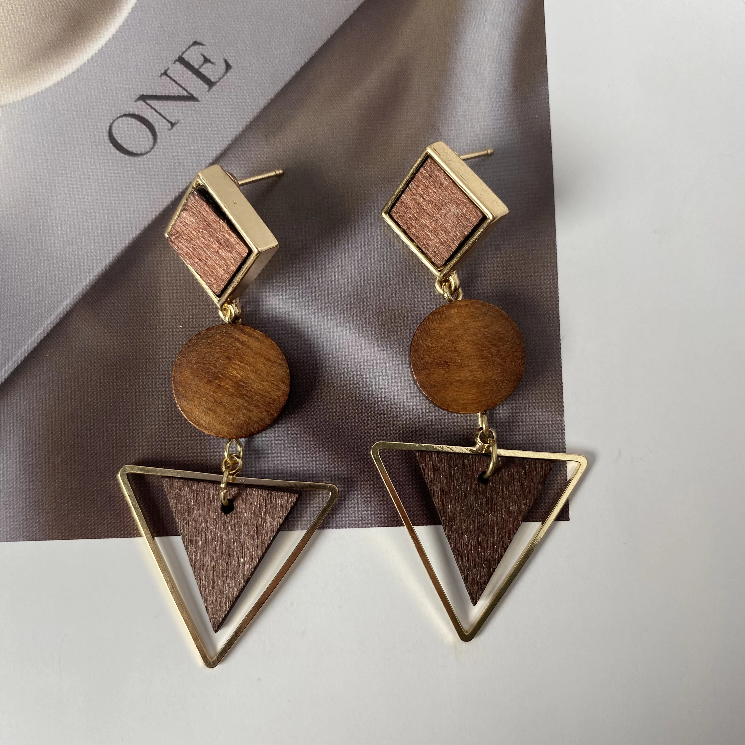 Korean Version Retro Style Natural Wood Geometric Triangle Round Earrings Long Temperament Generous